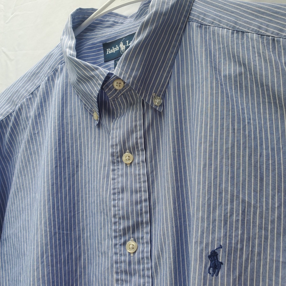 Ralph Lauren Yarmouth Mens 17.5 34/35 Blue White Striped Cotton Button Down